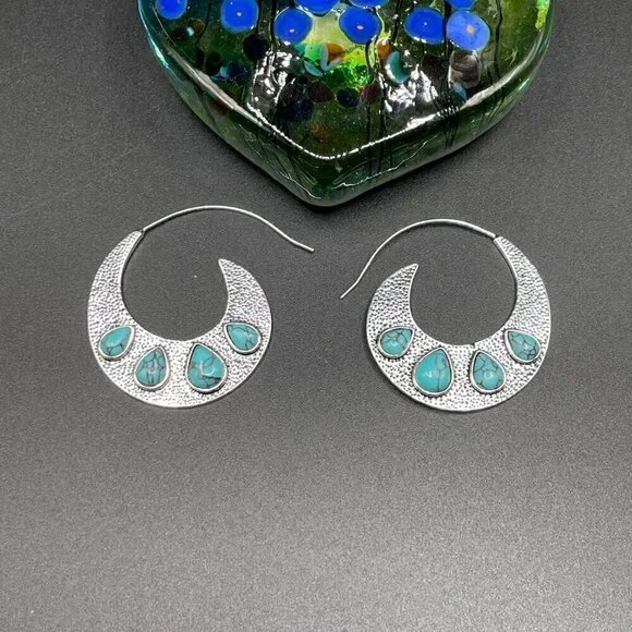 Medium Silver Tone Feather Spiral Earrings in Turquoise Blue #1320 - Picture 11 of 12